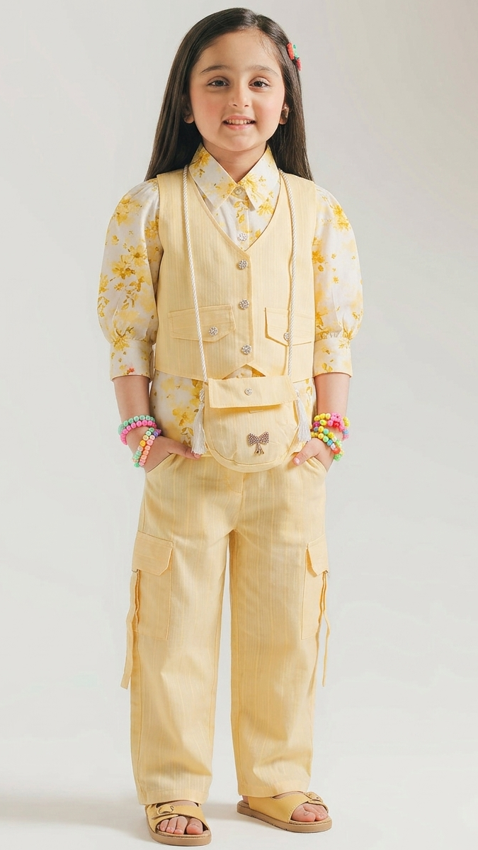 4 Pcs Ethnic Shirt with Coat, Cargo Pant & Pouch (Butter Yellow)
