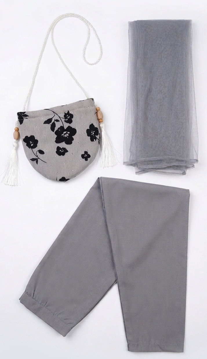 Floral Grey 3D Printed Dress 4 Pcs (Frock,Pajama,Dupatta & Pouch)