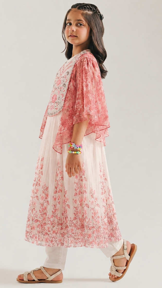 Pink Ethnic Cape Queen Gown 2 Pcs with Pajama