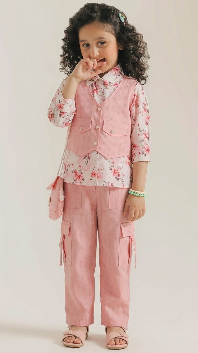 4 Pcs Ethnic Shirt with Coat, Cargo Pant & Pouch (Pink)