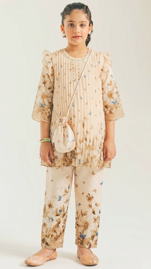 Pearl Work Digital Print 3 Pcs Suit (Brown)