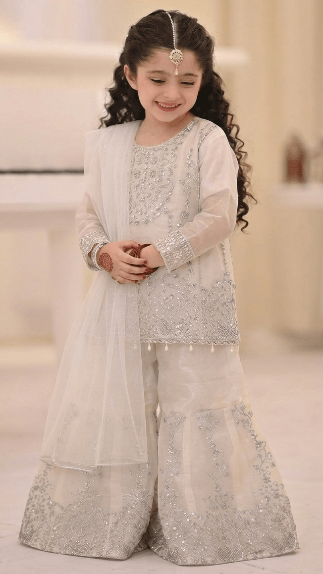 3 Pcs Sequence Embroidery Work Kurti with Gharara & Dupatta - Luna kids3 Pcs Sequence Embroidery Work Kurti with Gharara & Dupatta