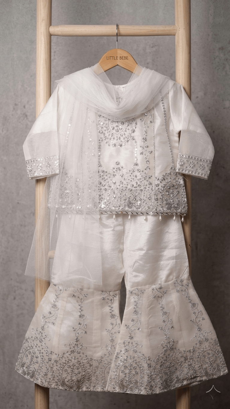3 Pcs Sequence Embroidery Work Kurti with Gharara & Dupatta - Luna kids3 Pcs Sequence Embroidery Work Kurti with Gharara & Dupatta