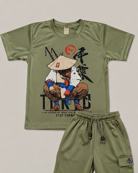 T-Shirt with Shorts 2 Pcs Printed Olive Green Set