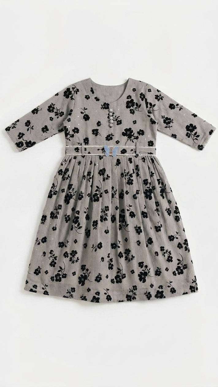 Floral Grey 3D Printed Dress 4 Pcs (Frock,Pajama,Dupatta & Pouch)