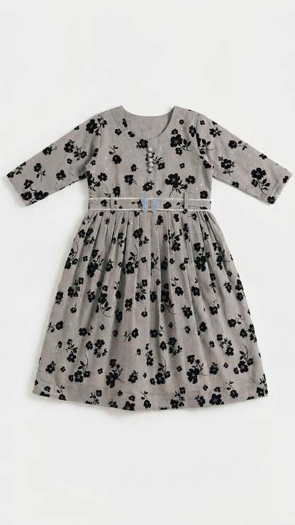 Floral Grey 3D Printed Dress 4 Pcs (Frock,Pajama,Dupatta & Pouch)