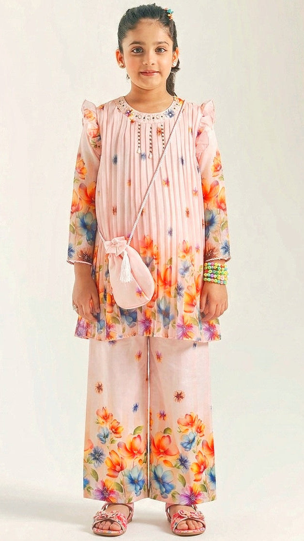 Pearl Work Digital Print 3 Pcs Suit (Pink)