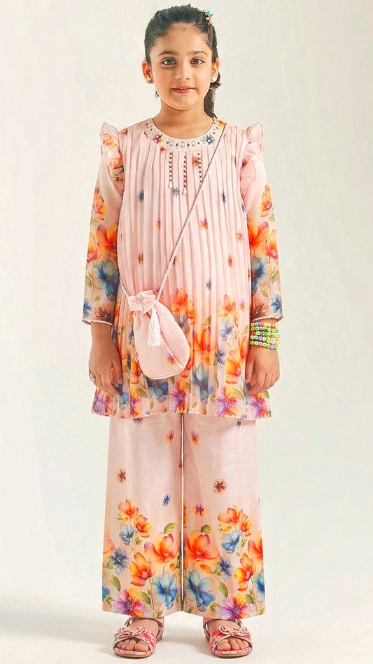 Pearl Work Digital Print 3 Pcs Suit (Pink)
