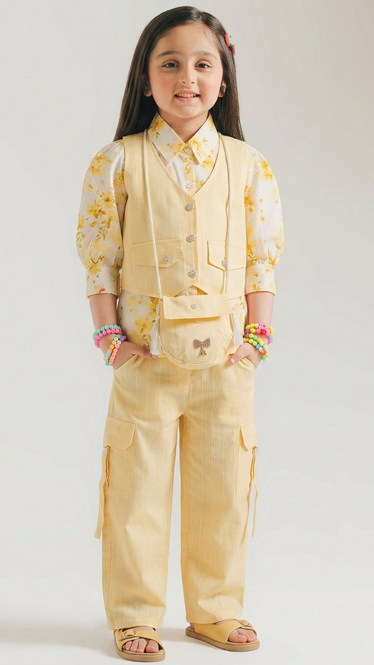 4 Pcs Ethnic Shirt with Coat, Cargo Pant & Pouch (Butter Yellow)