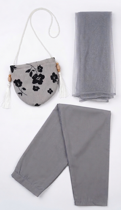 Floral Grey 3D Printed Dress 4 Pcs (Frock,Pajama,Dupatta & Pouch)