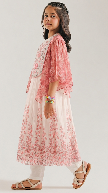 Pink Ethnic Cape Queen Gown 2 Pcs with Pajama