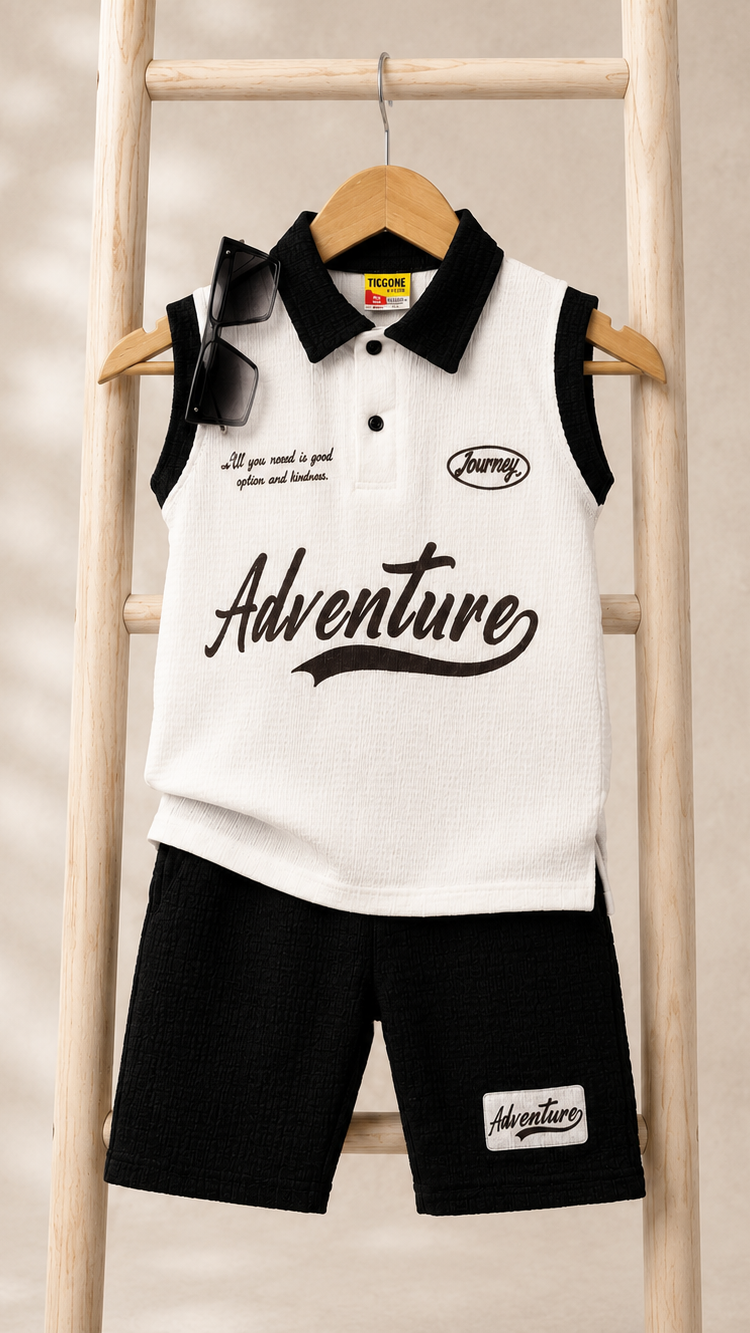 Adventure Polo Stretchable Cord-Set Black & White + Glasses