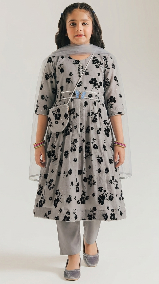 Floral Grey 3D Printed Dress 4 Pcs (Frock,Pajama,Dupatta & Pouch)