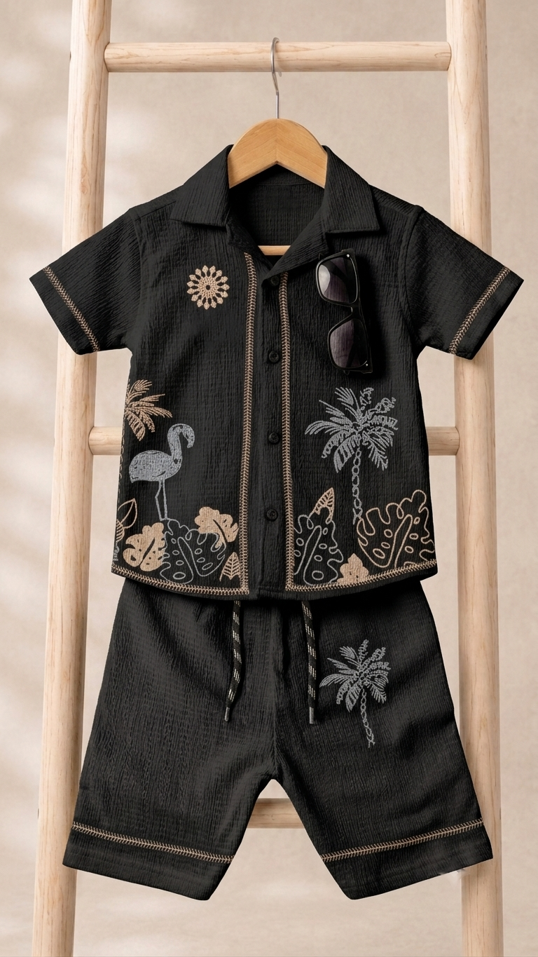 Black Summery Printed Stretchable Cord-Set With Premium Glasses