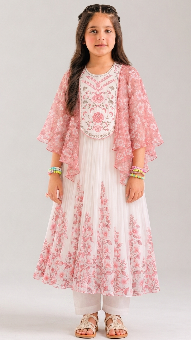 Pink Ethnic Cape Queen Gown 2 Pcs with Pajama