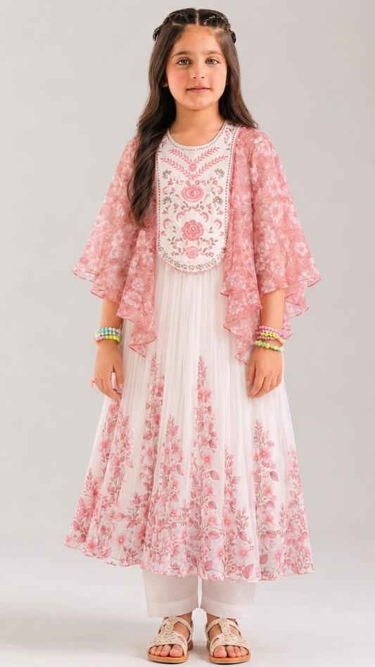 Pink Ethnic Cape Queen Gown 2 Pcs with Pajama