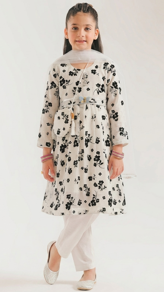 Floral White 3D Printed Dress 4 Pcs (Frock,Pajama,Dupatta & Pouch)