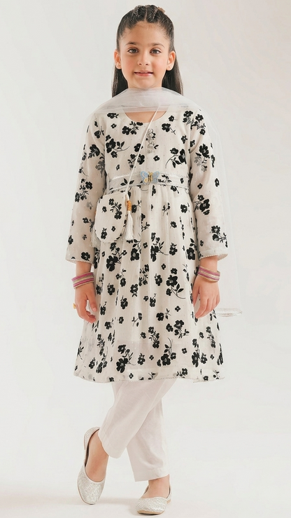 Floral White 3D Printed Dress 4 Pcs (Frock,Pajama,Dupatta & Pouch)