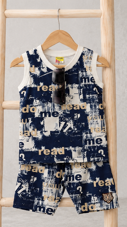 Navy Blue Graphic Print Stechable Sando and Shorts + Glasses
