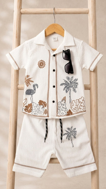 White Summery Printed Stretchable Cord-Set With Premium Glasses